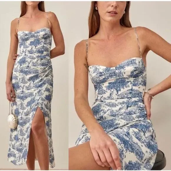 Reformation Kourtney Pastoral Side Slit Midi Dress Blue Size 12 - Picture 1 of 11